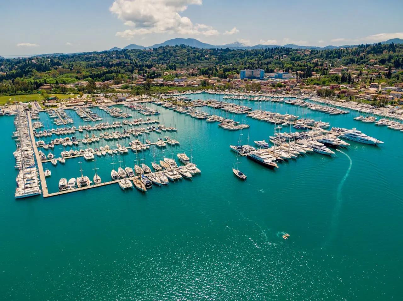 The yacht is docked at the marina