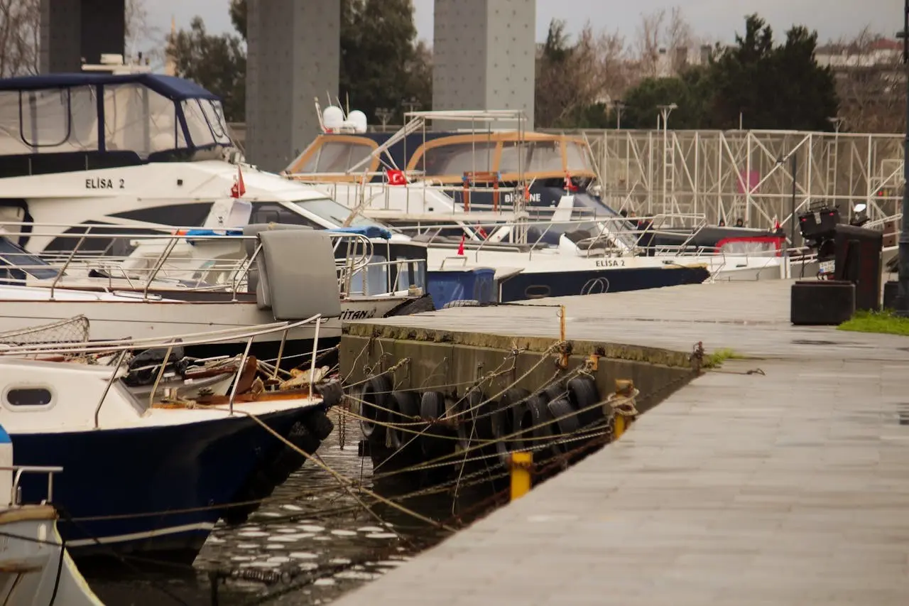 The yacht is docked at the marina