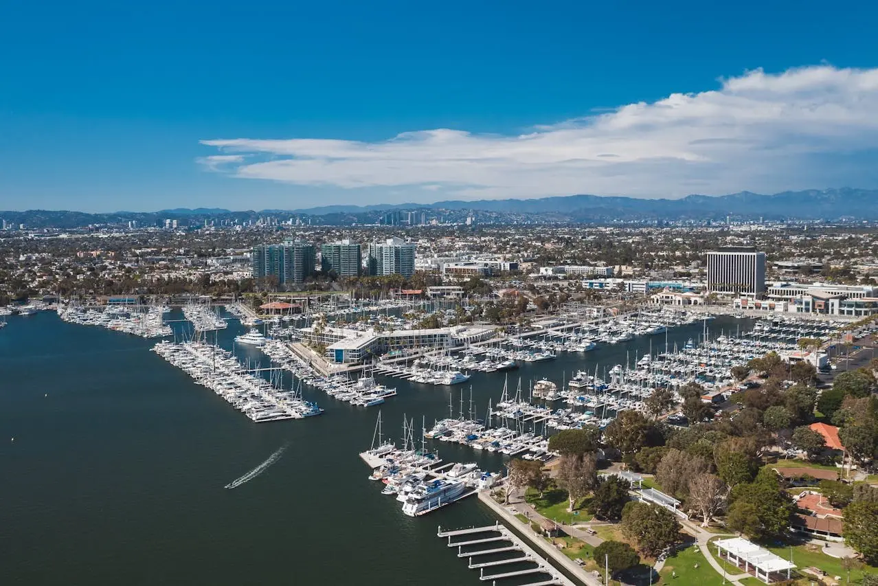 The yacht is docked at the marina